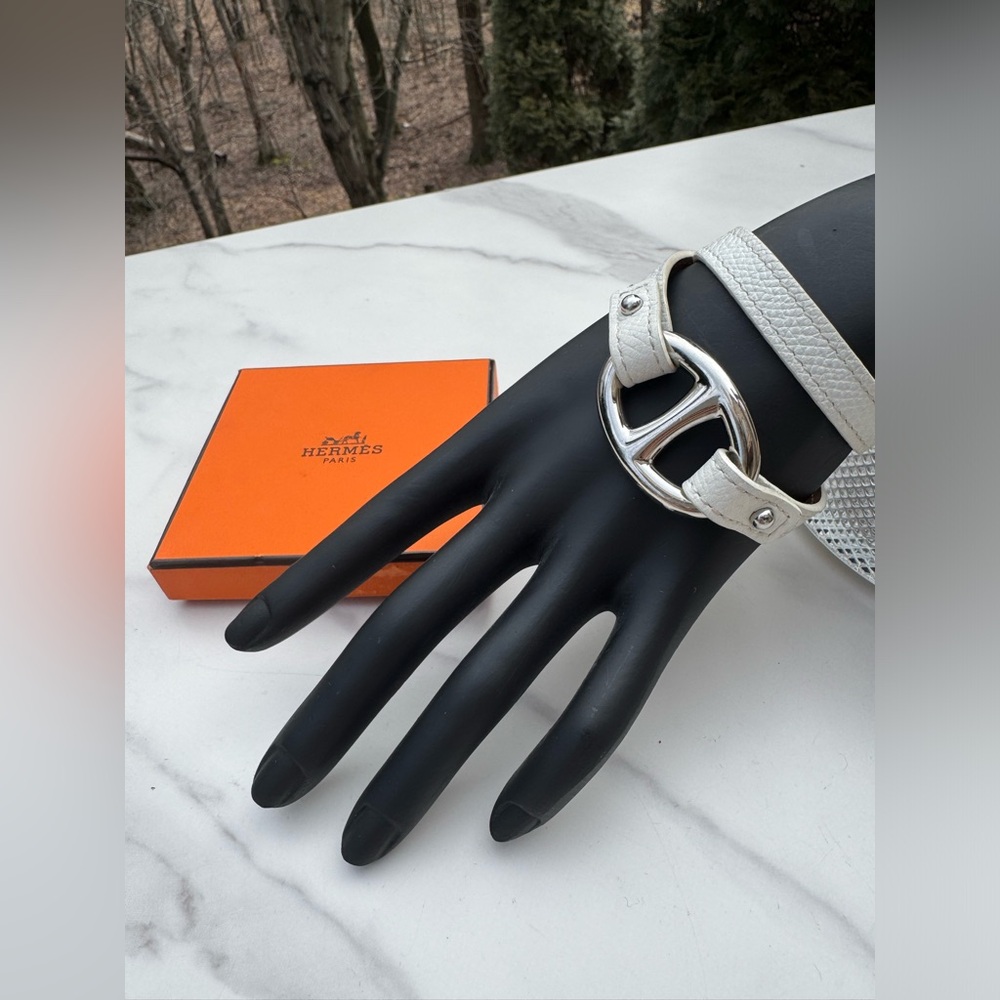 HERMES Granville Double Tour White Leather Bracelet Silver Small